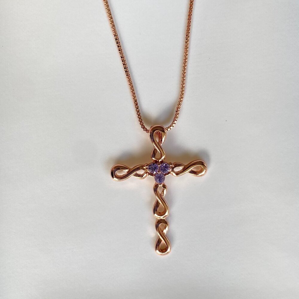 Butler Fifth Avenue Infinity Amethyst Cross Necklace Rose Gold Tone